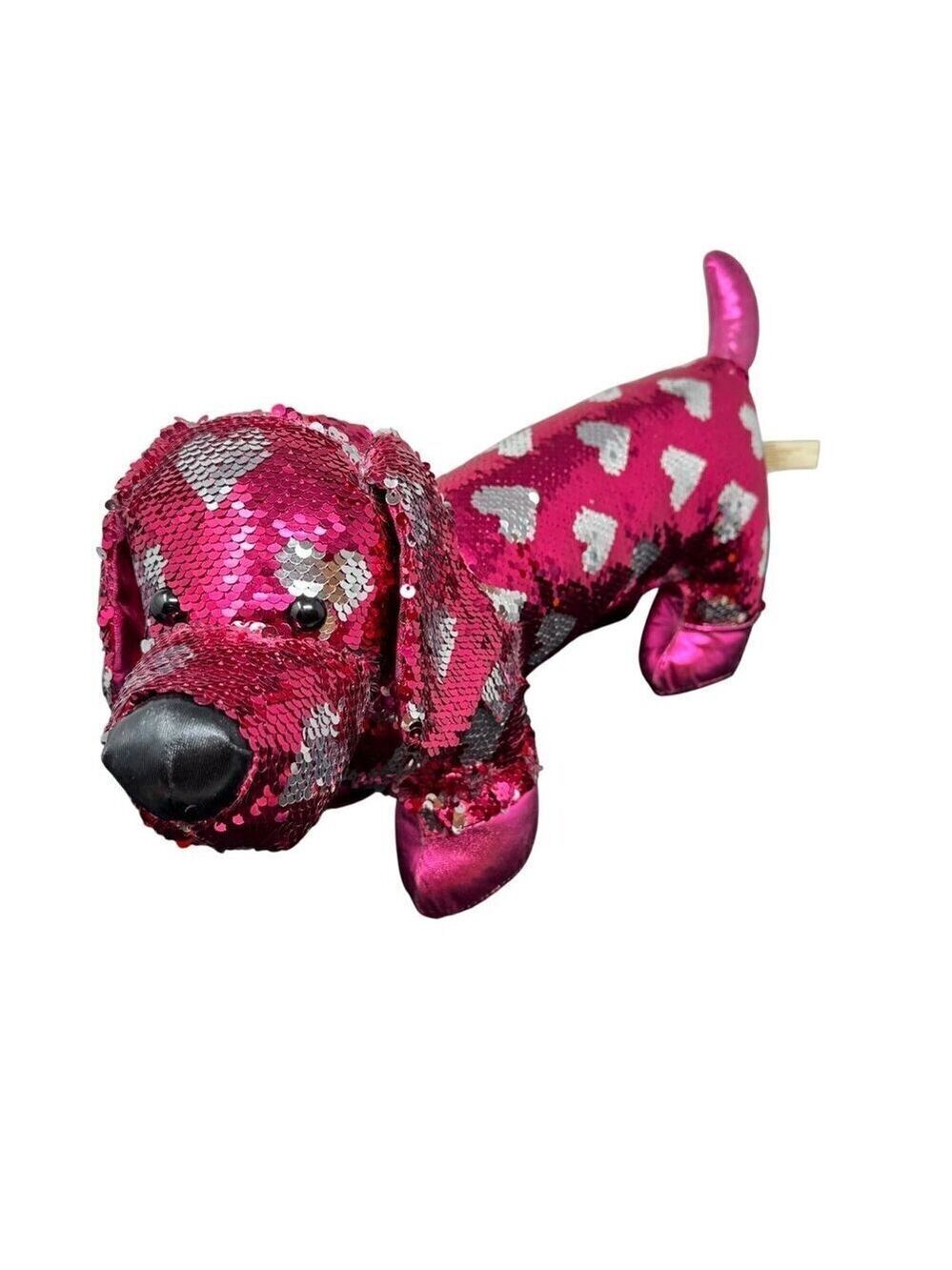 Valentine Weiner Dachshund Dog Sequin Pink Silver Hearts Reverse 18in Toy Plush
